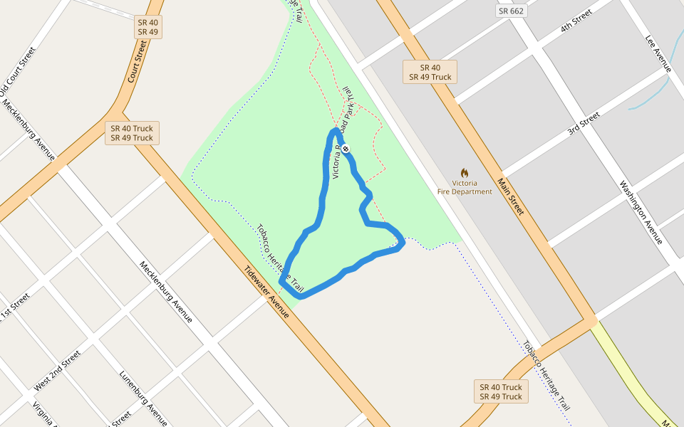 Tobacco Heritage Trail - Victoria Railroad Park Trailhead walking route map in Victoria