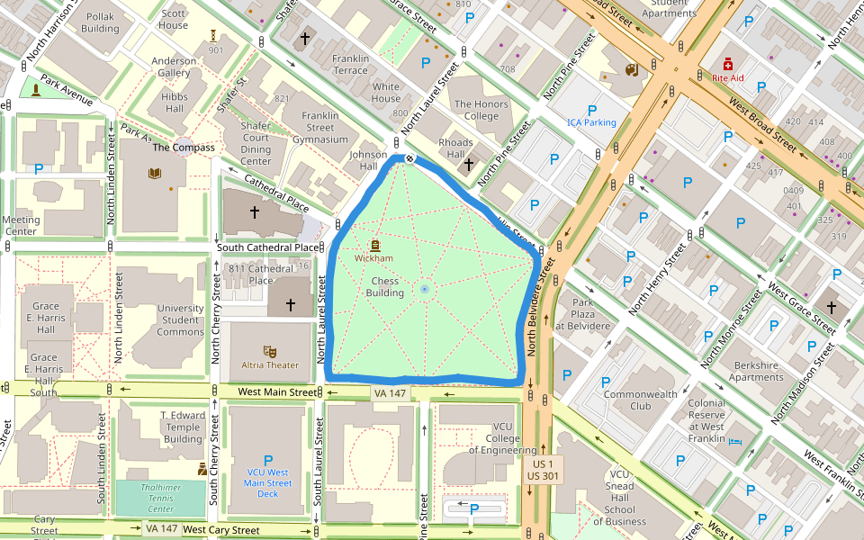 Monroe Park walking route map in Richmond