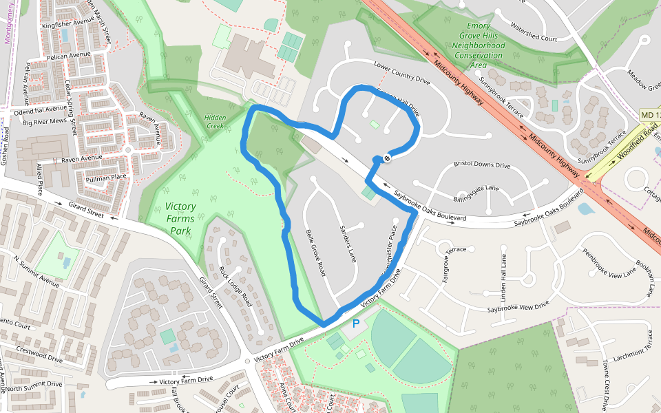Victory Farms Park walking route map in Gaithersburg