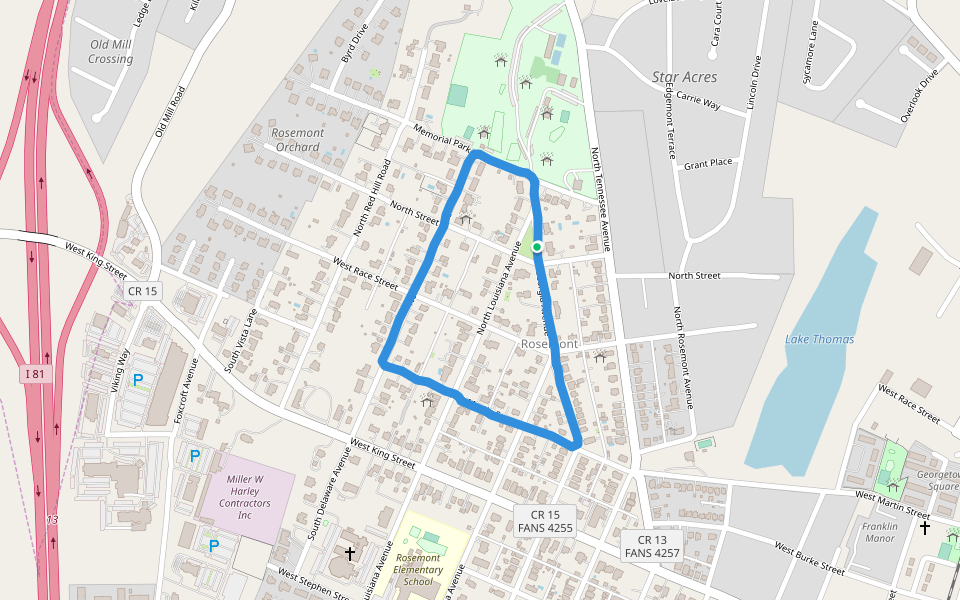War Memorial Park walking route map in Martinsburg