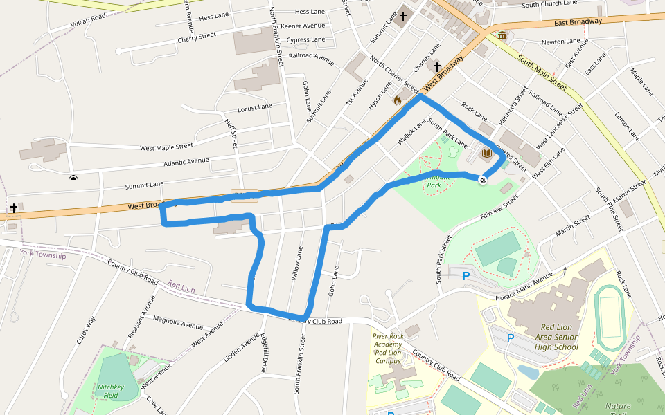 Fairmount Park walking route map in Red Lion