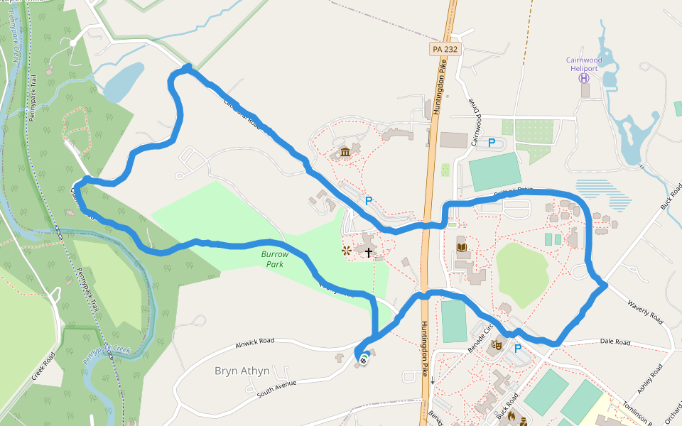 Sleepy Hallow walking route map in Bryn Athyn