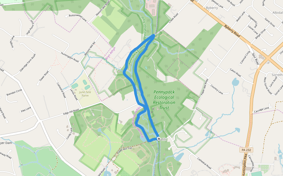 Pennypack Ecological Restoration Trust walking route map in Bryn Athyn