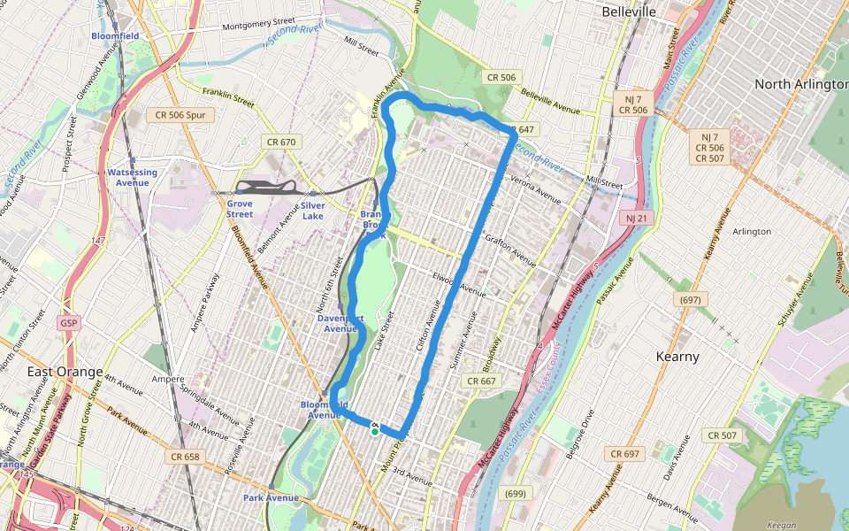 Branch Brook Park walking route map in Newark