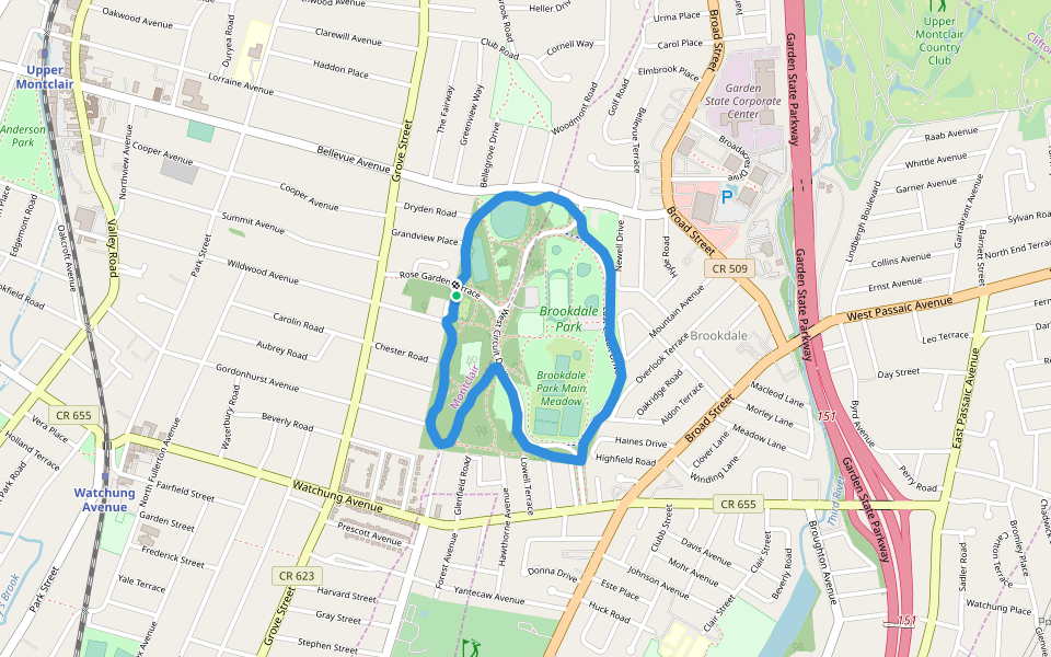 Brookdale Park walking route map in Montclair