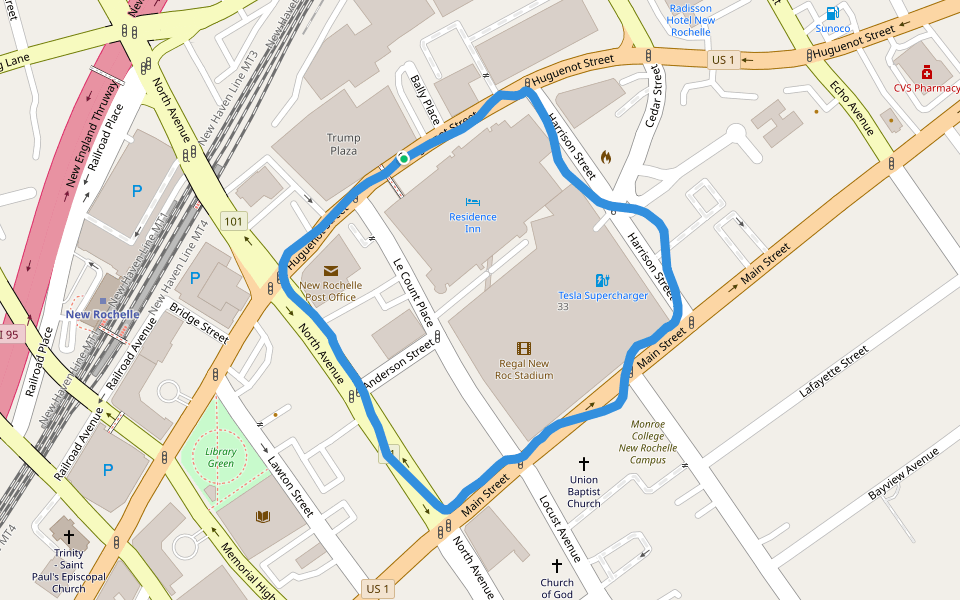Residence Inn walking route map in New Rochelle