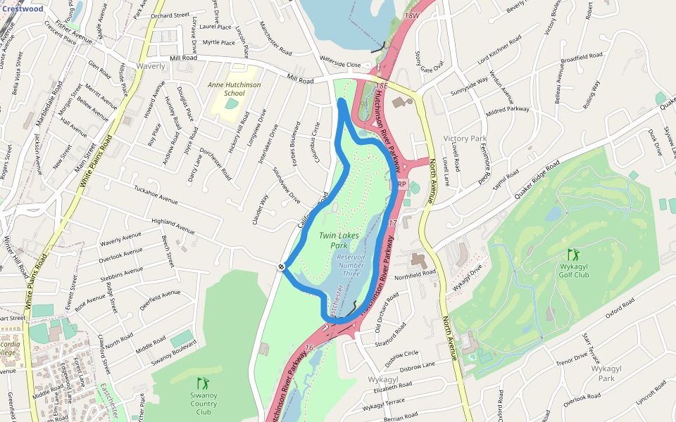 Reservoir Number Three walking route map in Bronxville