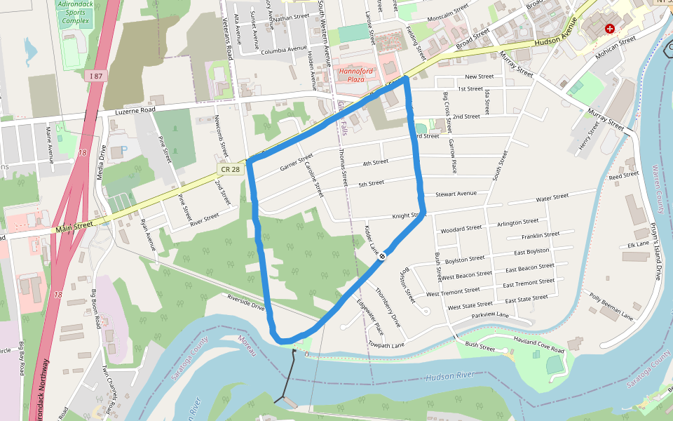 Feeder Canal Park walking route map in Glens Falls