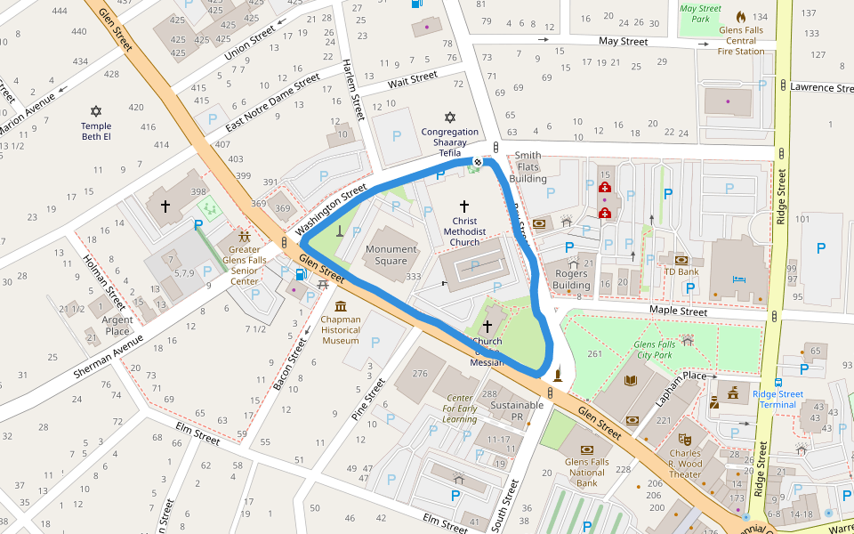 Monument Square walking route map in Glens Falls