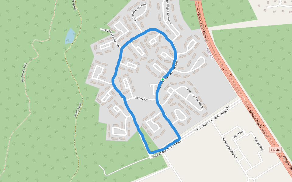 Colonial Woods Drive East walking route map in Yaphank