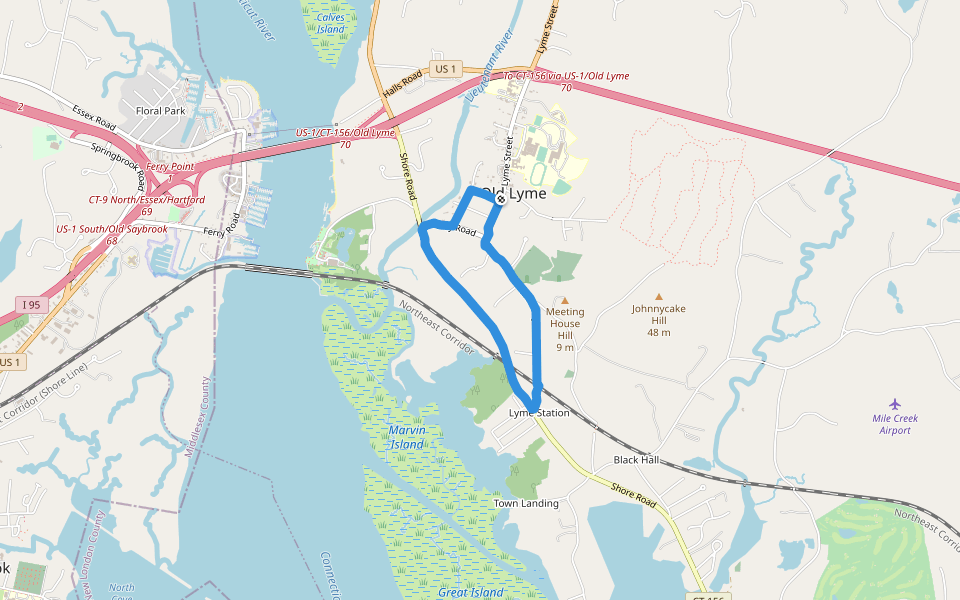 Old Lyme Green walking route map in Old Lyme