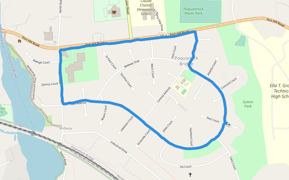 Midway Oval Park walking route map in Groton