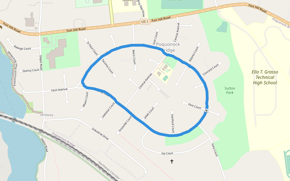 Midway Oval Park walking route map in Groton
