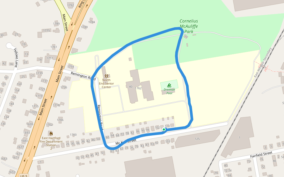 Cornelius Mcauliffe Park & Senior Center walking route map in East Hartford