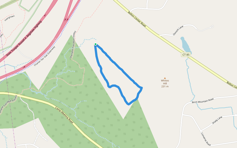Town of Manchester and State of CT Land walking route map in Bolton