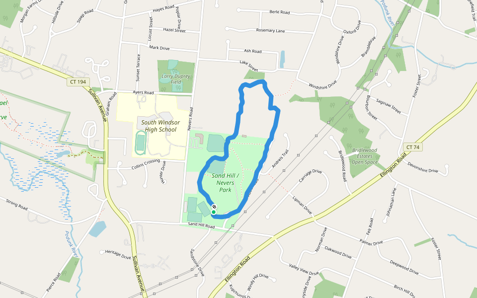Sand Hill / Nevers Park walking route map in South Windsor