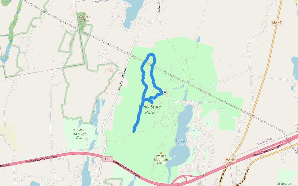 North Trail (red) walking route map in Sturbridge