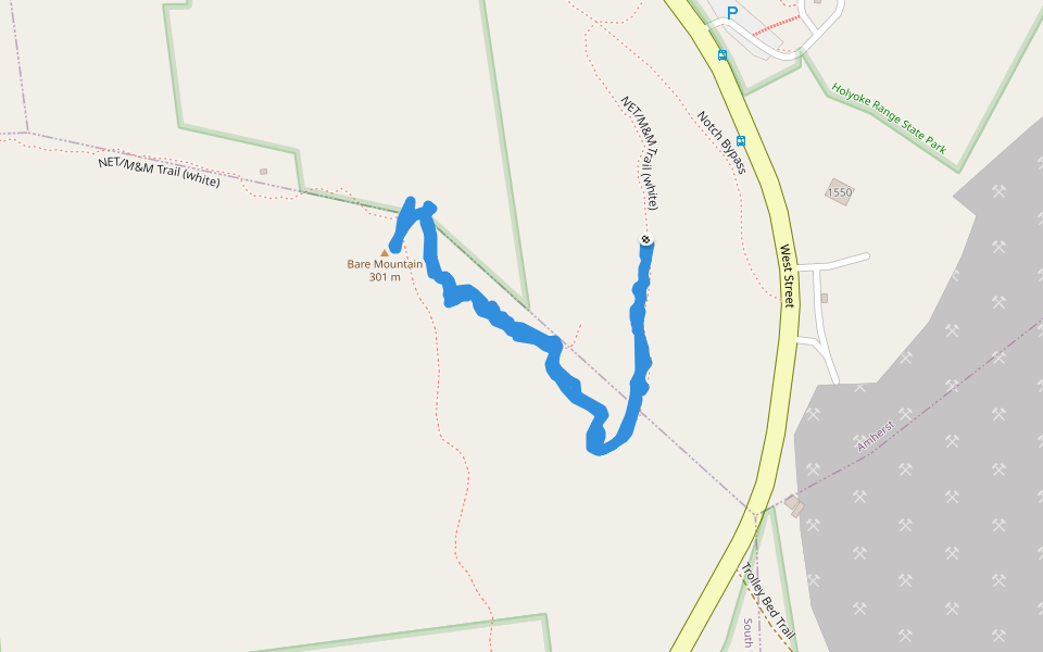 Bare Mountain - NET/M&M Trail (white) walking route map in Amherst