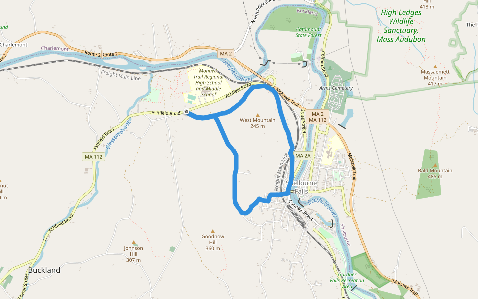West Mountain - Rand Road walking route map in Shelburne Falls