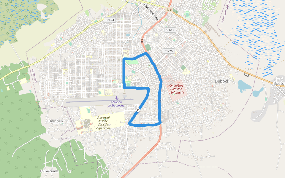 Hôtel Néma Kadior walking route map in Ziguinchor