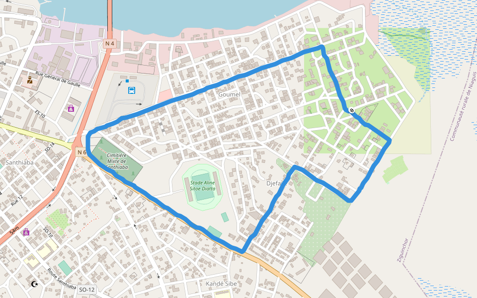 Terrain de Goumel walking route map in Ziguinchor