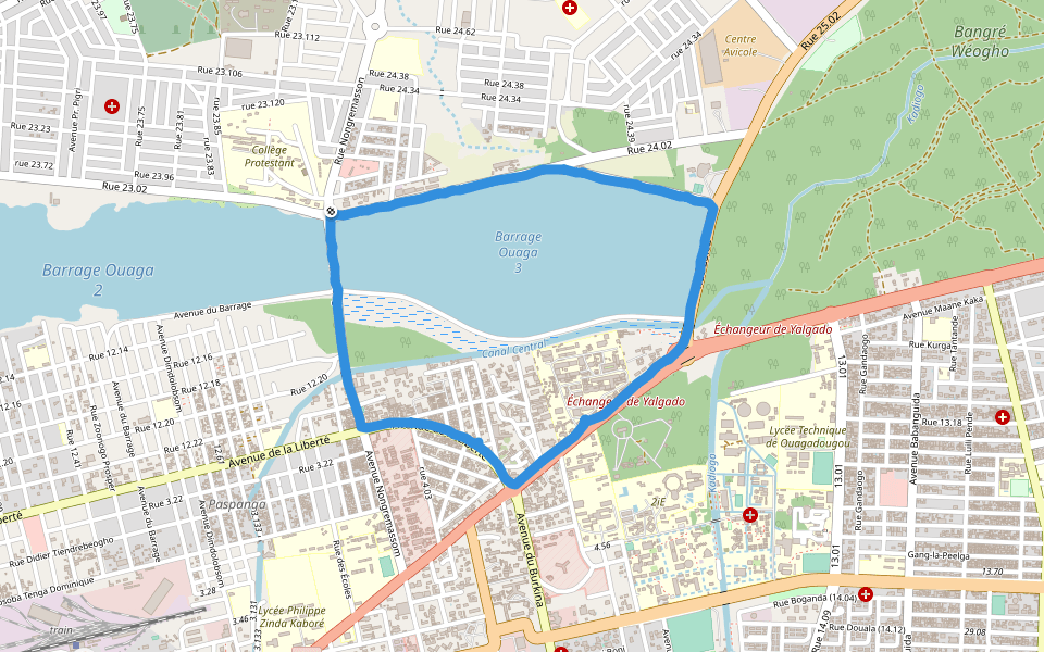 Barrage Ouaga 3 walking route map in Ouagadougou