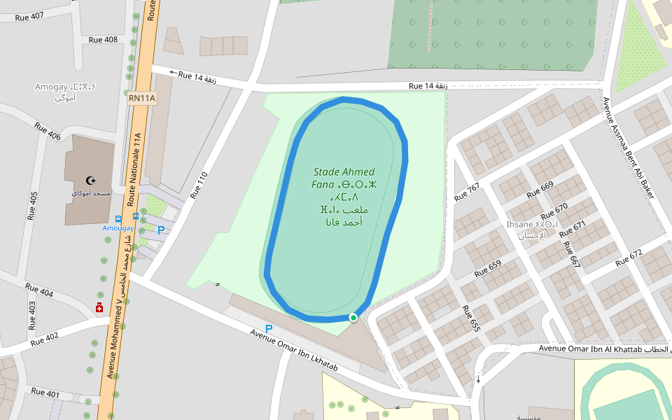 Stade Ahmed Fana ⴰⴱⴰⵔⴰⵣ ⴰⵃⵎⴰⴷ ⴼⴰⵏⴰ ملعب أحمد فانا walking route map in Dcheira El Jihadia