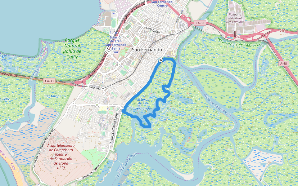 Esteros de San Fernando walking route map in San Fernando
