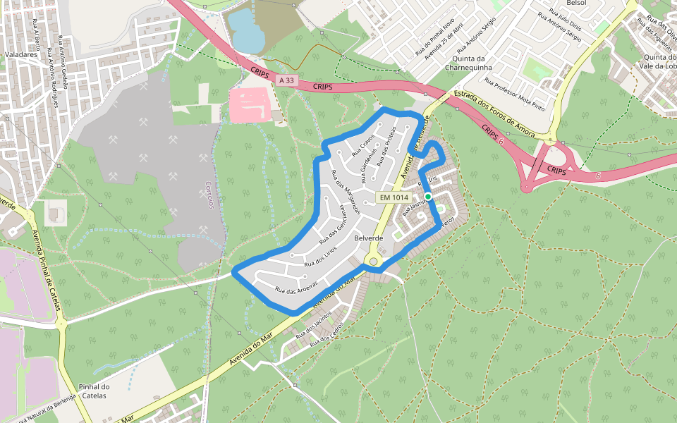 Parque Infantil de Belverde walking route map in Amora