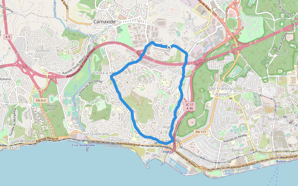 Parque Urbano de Miraflores walking route map in Carnaxide