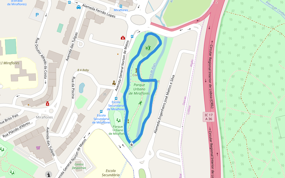 Parque Urbano de Miraflores walking route map in Algés