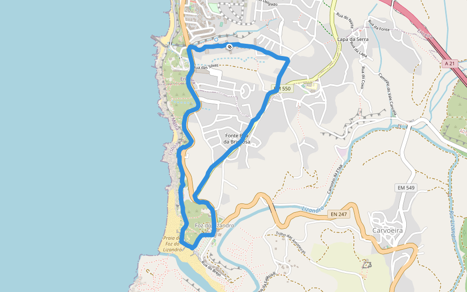 Praia da Foz do Lizandro walking route map in Ericeira