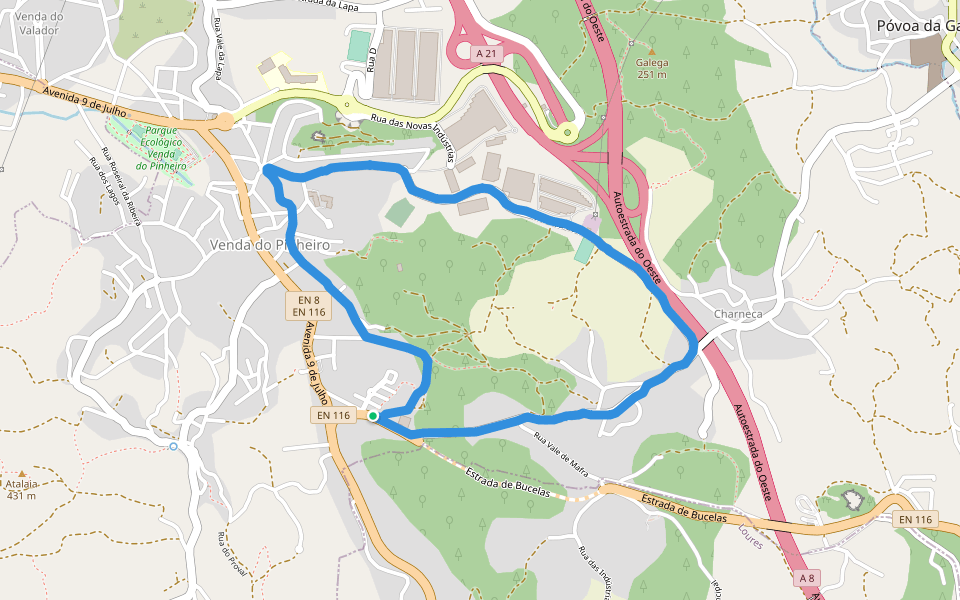 Campo da Bica walking route map in Venda do Pinheiro