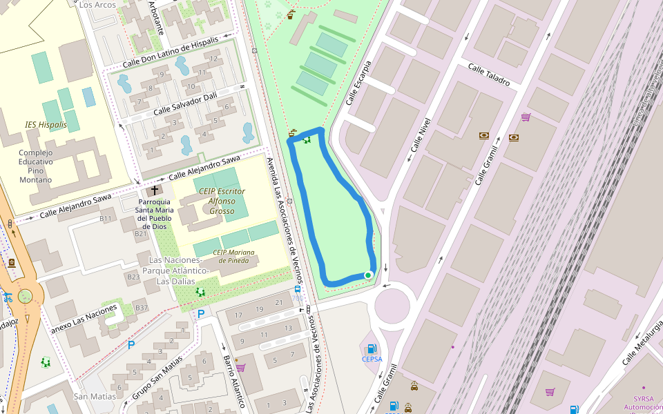 Parque de Miraflores walking route map in Sevilla