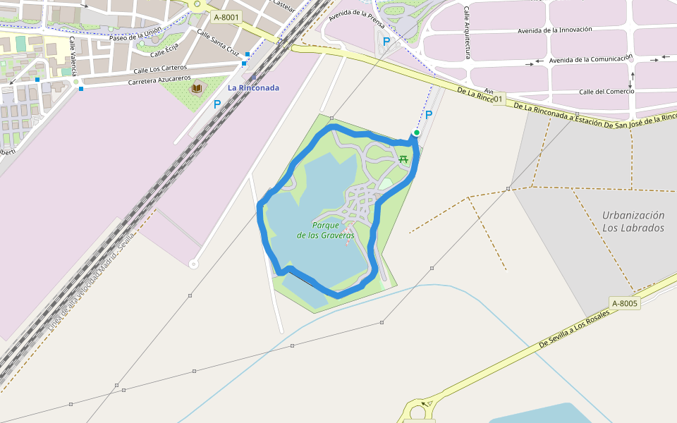 Parque de las Graveras walking route map in La Rinconada