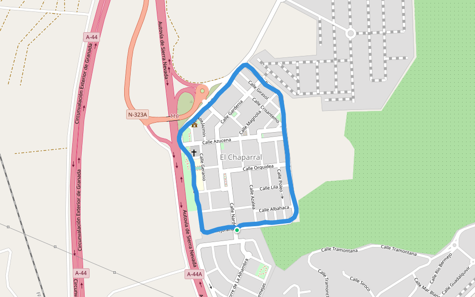Plaza Celinda walking route map in El Chaparral