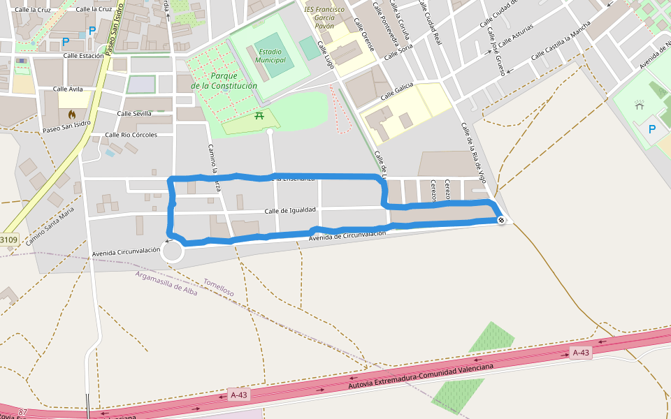 Estadio Municipal walking route map in Tomelloso