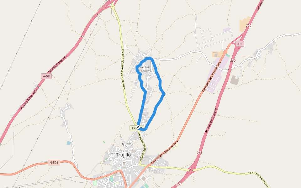 Huertas de Ánimas walking route map in Trujillo