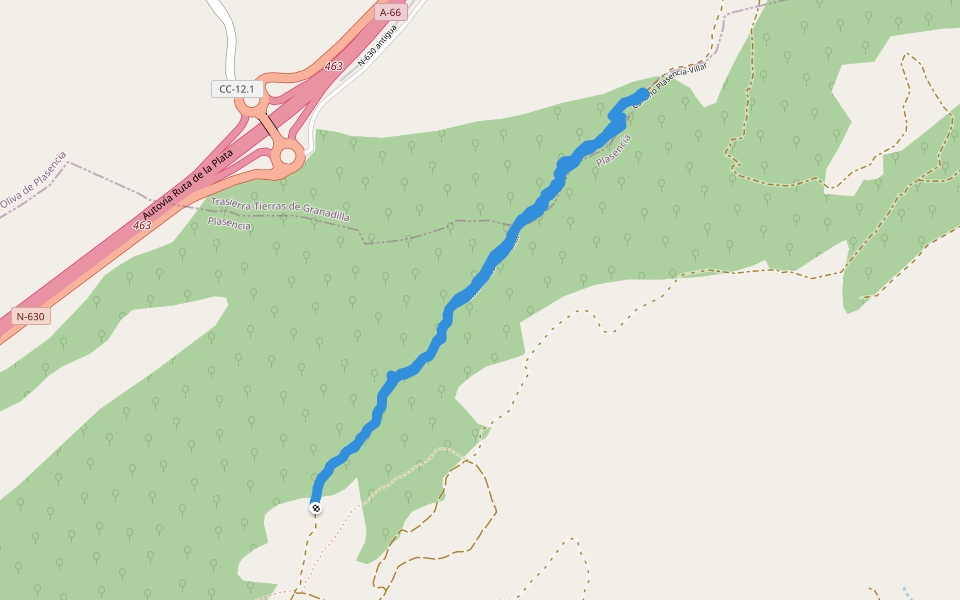 Camino Plasencia-Villar walking route map in Oliva de Plasencia