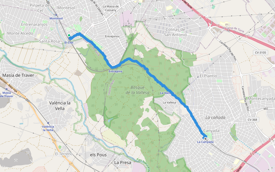 Bosque de la Vallesa walking route map in Riba-roja de Túria