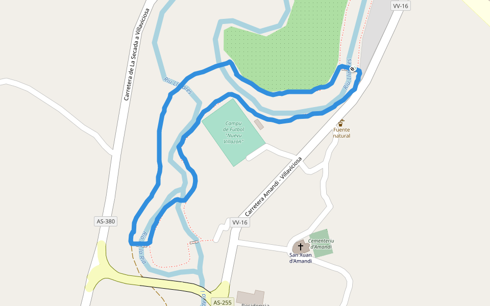 Campu de Futbol "Nuevu Villazón" walking route map in Amandi