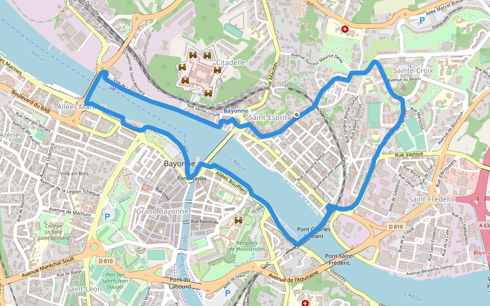 Aturri / Cours de l'Adour walking route map in Bayonne