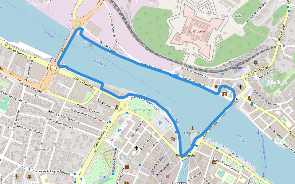 L'Adour walking route map in Bayonne