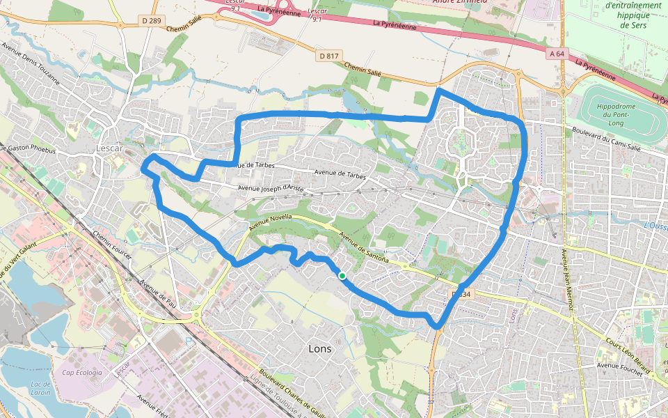 Lac des Carolins walking route map in Lons