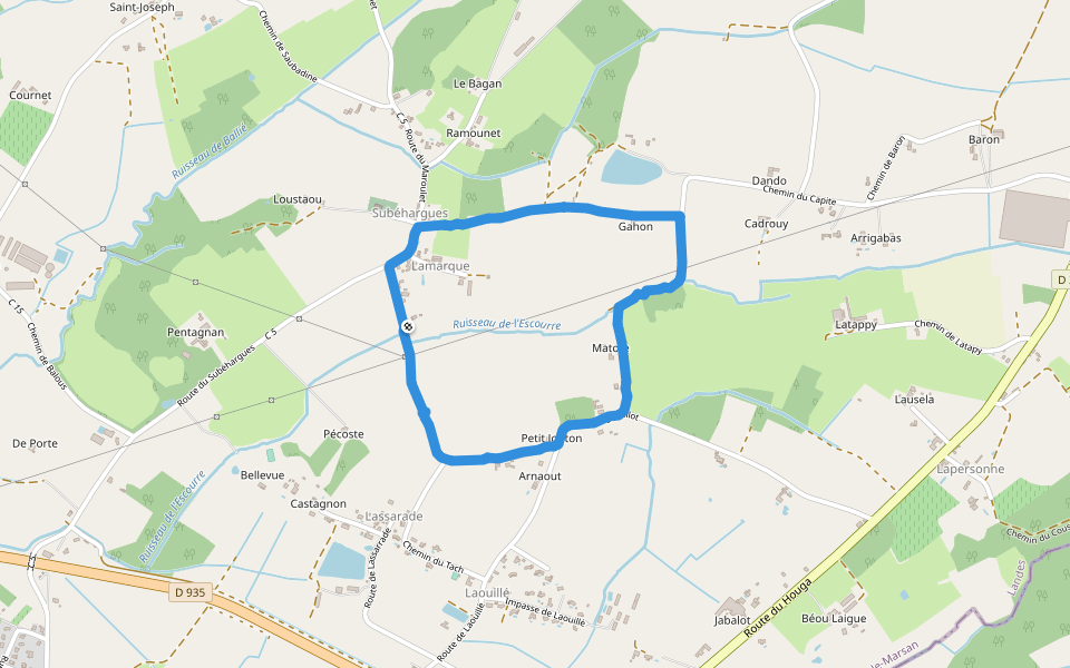 Ruisseau de l'Escourre walking route map in Aire-sur-l'Adour