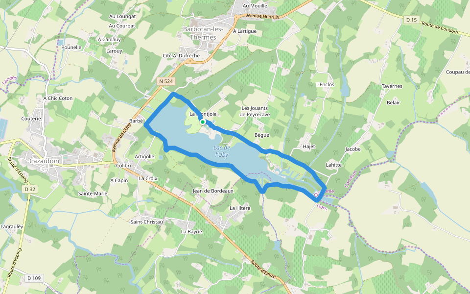 Lac de l'Uby walking route map in Cazaubon