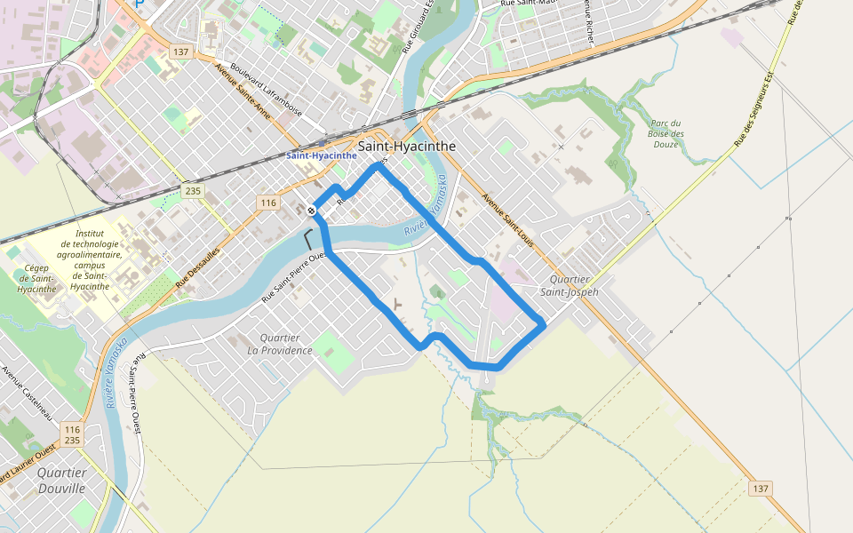 Rivière Yamaska walking route map in Saint-Hyacinthe