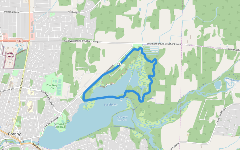 Centre d'interprétation de la nature du lac Boivin walking route map in Granby