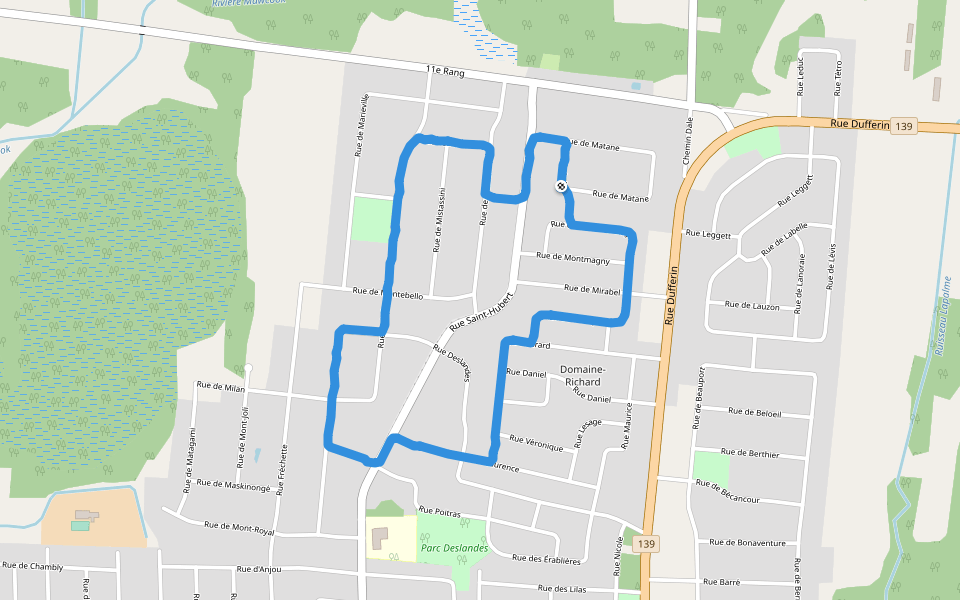 Parc Brodeur walking route map in Granby