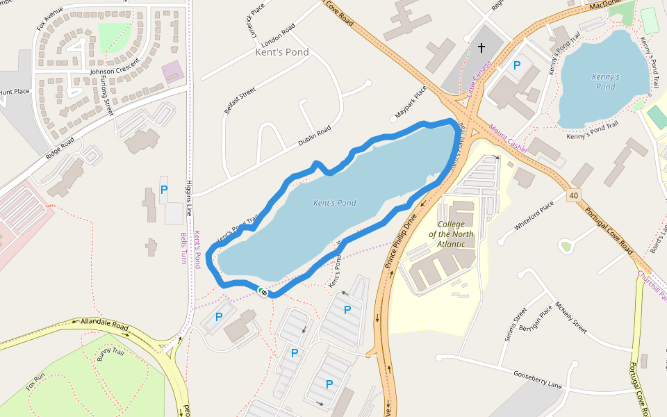 Kent's Pond walking route map in St. John's